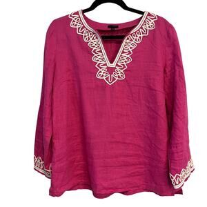 Talbots Top 100% Linen Shirt Long Sleeve Notch Neck Pink White Trim Accents Med